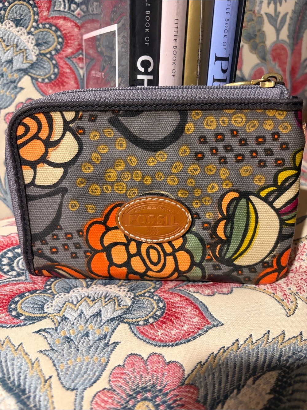 Fossil Gray Floral Zip Pouch with Orange & Yellow Accents GUC